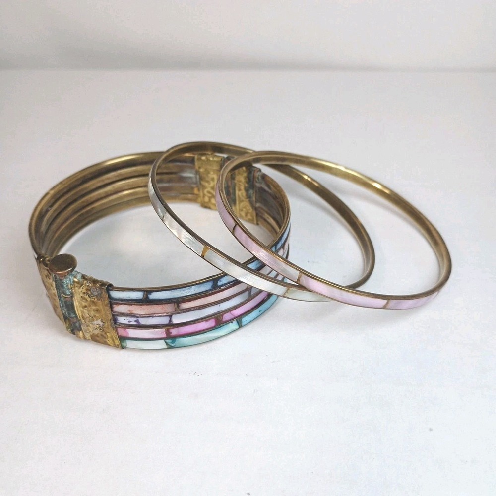 1970 Mother of Pearl Inlay Brass Hinge Bracelet And 2 Bangles Bohemian Style